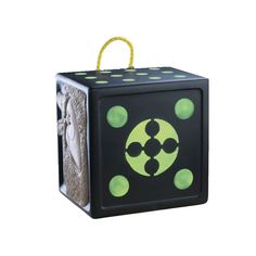 a black and yellow box with green dots on the front, and a white background