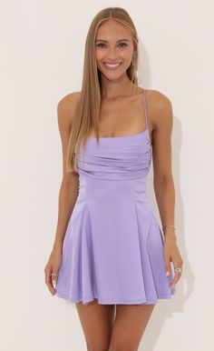 Homecoming Dresses For Teens, School Dance Dresses, Satin Homecoming Dress, Backless Mini Dress, Grad Dresses, Dress Spaghetti, Dress With Tie, Lavender Purple, Hoco Dresses