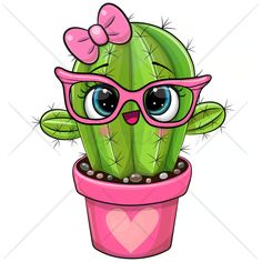 a cartoon cactus with glasses and a bow on it's head in a pink pot