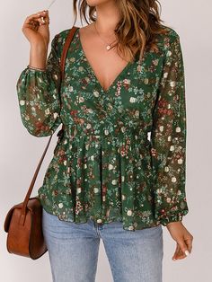 Green Floral Print Wrap V Neck Peplum Top Specifications: Item No: LC25114787-9 Product Weight: 0.27Kg Tag: DL Exclusive, Style Bohemian, Floral Tops, Print Floral, DL Chic, Emerald Green Color: Green Season: Spring Brand Category: Tops > Blouses & Shirts Creation Time: 2022-07-29 Material: 100% Polyester Neckline: Deep V Neck Style: Elegant Pattern Type: Ditsy Floral Silhouette: Shift Type A Line Sleeve Length: Long Sleeve Waist Line: High Waist Key Features: Floral print mesh shell with soft l V Neck Peplum Top, Printed Peplum Top, Bohemian Blouses, Floral Peplum, Green Floral Print, Peplum Blouse, Green Blouse, Feminine Look, Floral Style