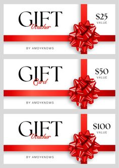 three gift vouchers with red bows and ribbons on them, one for $ 50 each