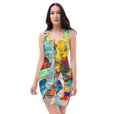 my original bright colorful abstract acrylic paint mixed media collage contemporary modern pop art printed  * * * Make a statement and look fabulous in this all-over printed, fitted dress.  * 82% polyester, 18% spandex * Fabric weight: 6.78 oz/yd² (230 g/m weight may vary by 5% * Made with smooth, comfortable microfiber yarn * Material has a four-way stretch * Blank product components sourced from China Multicolor Printed Bodycon Mini Dress, Spring Multicolor Printed Bodycon Dress, Colorful Fitted Printed Dresses, Bold Fitted Multicolor Dress, Fitted Multicolor Mini Dress With Vibrant Print, Artistic Fitted Party Dresses, Summer Multicolor Graphic Print Bodycon Dress, Bold Multicolor Fitted Dress, Artistic Fitted Multicolor Dress