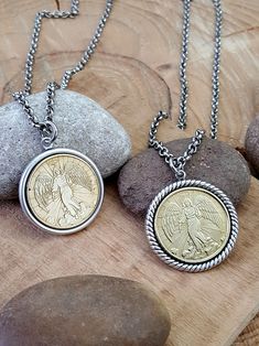 Guardian Angel coin necklace from Key of A® - A Best Seller for Nearly EIGHT Years!! - FOUR STYLES TO CHOOSE FROM!  - Inspirational Jewelry - Valentine's Day or Mother's Day Gift Idea We secured several of these vintage guardian angel coins to create this wonderful medallion pendant necklace. Over the years, these coins have been created in many styles and traditionally were given to someone to keep in their pocket so they always had their guardian angel with them. Why not wear the coin as a beautiful necklace?  These are highly detailed coins in brass that we shined up and set in the perfect bezels.   We offer both smooth and rope edge bezels in your choice of antique brass or antique silver as shown in the photos.  Your necklace is hung on a coordinating cable chain and closes with a sta Ancient Coin Jewelry, Gold Coin Necklace, Coin Set, Upcycled Jewelry, Coin Jewelry, Valentines Jewelry, Fabulous Jewelry, Ancient Romans, Coin Necklace