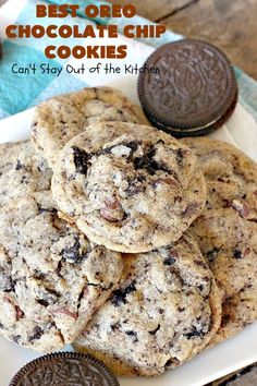 chocolate chip cookies are stacked on top of each other