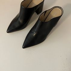 New, Never Worn Marc Fisher Leather Heeled Mules. Size 8.5 Pointed Toe Mules With 4-inch Heel Medium Width, Pointed Toe Mules With 4-inch Heel, Mules With 4-inch Heel And Pointed Toe, Trendy Black Mules With Deep Heel Cup, Workwear Mules With 4-inch Heel In Synthetic, Workwear Mules With 4-inch Heel In Synthetic Material, Synthetic Mules With 4-inch Heel For Work, Workwear Mules With 4-inch Heel And Synthetic Material, Office Mules With Pointed Toe And Medium Width