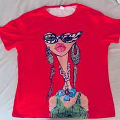 Super Cute Graphic Shirt “Lady With Attitude” New Never Worn Trendy Red T-shirt For Party, Red Crew Neck Blouse For Summer, Red Summer Crew Neck Blouse, Casual Red Printed Blouse, Trendy Printed Red Tops, Trendy Red Printed Top, Trendy Red Printed T-shirt, Casual Short Sleeve Shirt For Party, Casual Short Sleeve Party Shirt