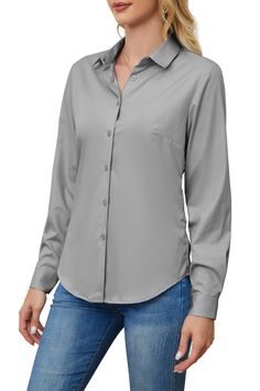 PRICES MAY VARY. 【Soft and Comfy】 long sleeve shirts are made of 48.5% Viscose form Bamboo,48.5% Polyester,3% Spandex with friendly soft touch and flowy glossy drape, wrinkle free, stretch, anti-see-through, skin-friendly, Soft. Special it keeps neat without ironing after washing.Machine Wash. 【Unique fabric】Our fabric is moderately thick and matched with Viscose form Bamboo material which has the dual functions of Hygroscopic and breathability. 【Adjustable Long Sleeve】shirt retains the formal feel of an office shirt's buttons and the extra buttons at the wrist allow you to roll up your sleeves and keep your shirt clean at brunch. 【Dignified neckline】The stand-up collar design creates a smooth and neat line of shoulders and neck with decorative stitching on the back showing the dignified e Comfy Long Sleeve Shirts, A Line Shirt, Business Casual Blouse, Bamboo Material, Women's Button Down Shirt, The Office Shirts, Work Blouses, Fashion Business Casual, Decorative Stitching