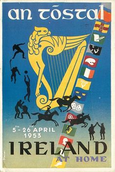 an advertisement for ireland at home with the irish harp and flags on it's side