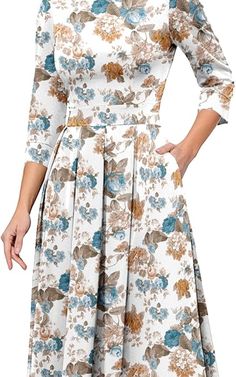 Women's Floral Vintage Dress Elegant Midi Evening Dress 3/4 Sleeves Spring Time Outfits, Dress For Autumn, Summer Midi Dresses, Blue Flower Design, Perfect Wedding Guest Dress