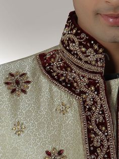 Designer Cream Brocade Sherwani - Sherwani - Men's Traditional Embellished Bandhgala For Eid, Designer Embellished Sherwani For Diwali, Festive Semi-stitched Embellished Sherwani, Traditional Embellished Bandhgala For Festive Season, Festive Embellished Semi-stitched Sherwani, Embellished Unstitched Sherwani For Eid, Embellished Sherwani With Traditional Drape For Designer Wear, Embellished Sherwani For Designer Wear With Traditional Drape, Bollywood Style Embellished Bandhgala For Festive Season