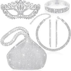 New 5 Pcs Rhinestone Masquerade Mask Women Crystal Jewelry Set Glitter Purse Clutch Bling Necklace Bride Choker Bangle Bracelet Dangle Earrings Set For Women Party Wedding What You Will Get: You Will Receive 5 Pieces Of Silver Jewelry For Women In 1 Package, Including 1 Piece Of Rhinestone Mask, 1 Pieces Of Glitter Purse, 1 Piece Of Silver Rhinestone Necklace, 1 Piece Of Rhinestone Bracelet And 1 Pair Of Bling Earrings For Women, Good Collocation To Meet Your Wearing And Matching Needs Size Info Rhinestone Masquerade Mask, Bride Choker, Masquerade Mask Women, Rhinestone Mask, Masquerade Prom, Glitter Purse, Bling Earrings, Rhinestone Clutch, Prom 2024