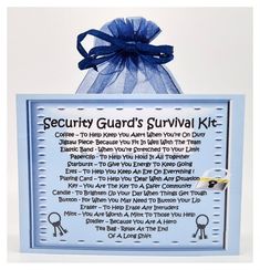 a security guard's survival kit in a blue frame with a ribbon on it