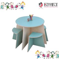 the children's table and chairs are made out of plywood with blue paint