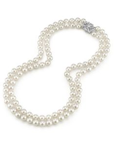 Japanese Akoya White Pearl Double Strand Necklace Formal Double Strand Pearl Charm Jewelry, Formal Double Strand Pearl Necklace With Pendant, Elegant Double Strand White Jewelry, Double Strand Pearl Necklace For Formal Occasions, Classic Double Strand Wedding Necklaces, Formal Double Strand Pearl Necklace, Elegant White Double Strand Jewelry, Double Strand Akoya Pearl Necklace, Luxury Silver Double Strand Pearl Necklace