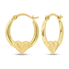 These darling 14K yellow gold earrings feature a classic hoop design adorned with a heart. The earrings secure with hinged backs. Small Hoop Jewelry With Heart Charm For Anniversary, Heart Charm Small Hoop Jewelry For Anniversary, Huggie Jewelry With Heart Charm For Anniversary, Heart Charm Huggie Jewelry For Anniversary, Yellow Gold Hoop Earrings For Valentine's Day, Small Hoop Hinged Huggie Earrings For Anniversary, 14k Gold Hoop Earrings For Valentine's Day, Anniversary Hinged Huggie Hoop Earrings, Hoop Jewelry With Heart Charm For Anniversary