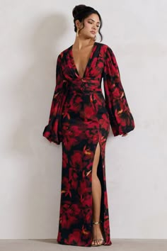 Casarile Red Floral Print V-Neck Balloon Sleeve Maxi Dress – Club L London - USA Exaggerated Sleeves, Leg Split, Club L London, Black Dress Prom, Soft Dramatic, Red Floral Print, Party Dress Long Sleeve, Black Sequin Dress, Floral Print Maxi Dress