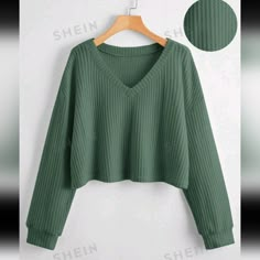 Shoulder 24.4" Length 19.9" Sleeve Length 21.2" Bust 48.4" Cuff 7.3" Waffle Knit Shirts, Cute Sweaters For Winter, Cute Green Sweater, Green V-neck Top With Ribbed Cuffs, Cute Tops For Winter, Green Waffle Knit Long Sleeve Top, Casual Green Waffle Knit Top, Winter Green Waffle Knit Top, Knit V-neck Top With Ribbed Cuffs