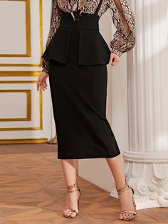 Black Elegant   Polyester Plain Pencil Embellished Slight Stretch Spring/Summer/Fall Women Bottoms Pu Leather Skirt, Elegant Sweater, Peplum Skirt, Black Peplum, Shein Dress, Women Skirts, Suspender Skirt, Skirt And Blouse, Faux Leather Skirt