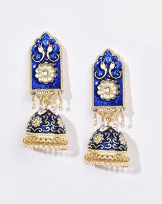 Earrings look super elegant and are a must-have in your jewellery collection. Irrespective of the fact whether they are long or short, they look completely gorgeous. Blue Jhumkas For Festivals And Celebrations, Blue Jhumkas With Latkans For Celebration, Blue Latkans Jhumkas For Celebration, Blue Jhumkas For Diwali Celebration, Celebration Blue Jhumkas With Latkans, Blue Danglers With Latkans For Celebration, Blue Latkan Drop Earrings, Blue Jhumkas For Festive Occasions, Blue Jhumkas With Latkans For Festivals