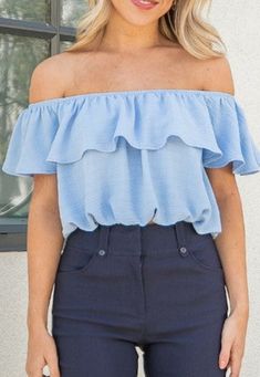 Super cute and feminine off shoulder style top. Pairs well with any bottoms from dresses to casual. Color: Sky Blue - True to size - Stretch - Elastic hem 100% Polyester *Refer to size chart or contact us for any further questions. Blue Ruffled Tops For Summer, Off Shoulder Style, Off Shoulder Crop Top, Off Shoulder Fashion, Small Crop Tops, Shoulder Tops, Feminine Outfit, Shoulder Crop Top, White Crop