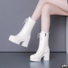 Fisdy - Waterproof Boots with Short White Platform and Adjustable Strap Thigh High Sandals, Short Height, Rough Heels, Pu Boots, White Booties, White High Heels, Elegant High Heels, 16th Birthday Party, Girly Shoes