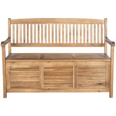 a wooden bench with storage underneath it