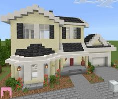 a large white house with lots of windows and plants on the front yard, in a minecraft style