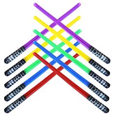 a bunch of colorful plastic toothbrushes arranged in a triangle on a white background