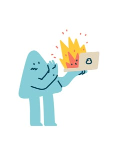 a cartoon character taking a selfie with his cell phone and fire coming out of it