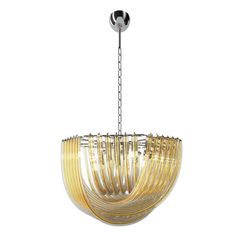 a chandelier hanging from the ceiling with gold colored glass strips and metal rods