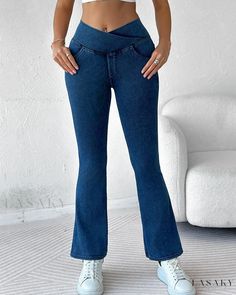 Lasaky - Tailored Denim Flared Athletic Leggings with Convenient Pocket Design Casual Non-stretch Jeans, Solid Mid-rise Non-stretch Flare Jeans, Stretch Denim Blue Pants With Five Pockets, Casual Solid Color Mid-rise Jeans, Casual High-waist Non-stretch Flare Jeans, Red Denim Bottoms For Fall, High Waist Stretch Flare Jeans In Solid Color, Solid Denim Bottoms, Stretch Denim Blue Bottoms With Five Pockets