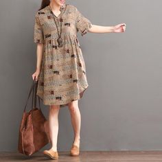 Khaki print summer shift dress long blouseThis dress is made of cotton linen fabric, soft and breathy, suitable for summer, so loose dresses to make you comfortable all the time.Measurement: One Size: length 96cm / 37.44" Bust 106cm / 41.34" Shoulder 45cm / 17.55" Waist 108cm / 42.12" Sleeve Length 24cm / 9.36" Armhole 40cm / 15.6"Materials used: Cotton, linenPayment: We accept payment by paypal and credit card. if you would like to pay by credit card, please choose payment by paypal, and follow Casual Cotton Patterned Dresses, Patterned Casual Midi Dress For Day Out, Casual Patterned Midi Dress For Day Out, Casual Printed Shirt Dress For Beach, Knee-length Cotton Shirt Dress For Vacation, Cotton Knee-length Shirt Dress For Vacation, Casual Patterned Relaxed Fit Dresses, Casual Relaxed Fit Patterned Dresses, Casual Oversized Printed Dresses