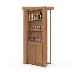 an open cabinet with spices and condiments on the bottom shelf, in front of a white background