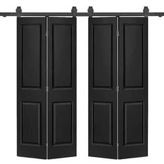 two black doors open to reveal the same room