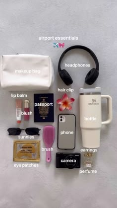 the contents of a travel bag laid out on a table