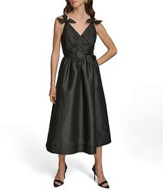 Donna Karan Sleeveless V-Neck Bow Detail Dress | Dillard's Evening Sleeveless Dress With Pleated Bodice And Sweetheart Neckline, Spring Cocktail V-neck Dress With Fitted Bodice, Spring Evening V-neck A-line Dress, Chic V-neck Dress With Ruched Bodice, Evening Sleeveless V-neck Dress With Fitted Bodice, Sleeveless V-neck Evening Dress With Fitted Bodice, Cocktail V-neck Midi Dress With Ruched Bodice, Chic V-neck Dress With Sweetheart Neckline For Evening, Cocktail Midi Dress With Ruched Bodice And V-neck