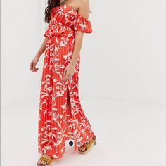 Brand New! Never Worn. A Little Long. I’m 5’4. Perfect For The Beach Spring Holiday Printed Maxi Dress, Printed Maxi Dress For Spring Holiday, Spring Holiday Maxi Dress, Red Floral Print Off-shoulder Maxi Dress, Red Off-shoulder Maxi Dress With Floral Print, Summer Off-shoulder Lined Maxi Dress, Red Floral Print Maxi Dress For Beach Season, Off-shoulder Lined Maxi Dress For Summer, Spring Holiday Orange Maxi Dress