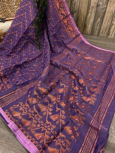 *Dhakai Jamdani soft saree with zari weaving . *Fall attached. Semi-stitched Saree With Woven Motifs, Bohemian Purple Saree For Festive Occasions, Bohemian Purple Festive Saree, Festive Bohemian Purple Saree, Purple Handloom Saree For Puja, Bohemian Banarasi Silk Saree With Self Design, Bohemian Purple Saree With Zari Weaving, Purple Bohemian Traditional Wear With Zari Weaving, Purple Bollywood Dupatta With Weaving Work