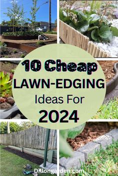 the words 10 cheap lawn edging ideas for 2021 are shown in four different pictures