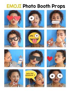 various images of woman with emoji photo booth propping them up to the camera