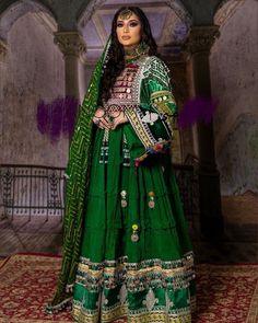 Afghan Green Dress, Green Nikkah Dress Afghan, Green Unstitched Choli With Dabka, Green Embroidered Bohemian Anarkali Set, Festive Traditional Gown With Patterns, Festive Traditional Gown With Traditional Patterns, Green Bohemian Traditional Wear With Dabka, Ceremonial Gown With Traditional Patterns For Eid, Ceremonial Eid Gown With Traditional Patterns