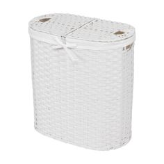 a white wicker laundry basket with two handles and an opening for the lid, on a white background