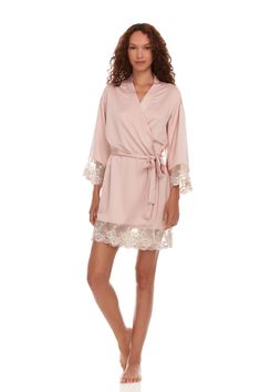 Rosa Charmeuse Kimono – Flora Nikrooz Pink Lace Trim Long Sleeve Set, Pink Long Sleeve Set With Lace Trim, Pink Long Sleeve Sets With Lace Trim, Feminine Long Sleeve Lace Sleepwear, Spring Satin Sleepwear With Lace Trim, Elegant Lace Trim Sleep Sets, Lace Trim Long Sleeve Sleepwear, Long Sleeve Lace Trim Sets For Wedding Night, Long Sleeve Sets With Lace Trim For Daywear