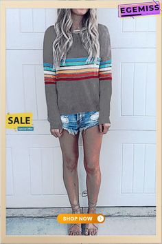 Grey Fashion Colorful Striped Long Sleeve T-shirt Long Sleeve Color Block T-shirt For Summer, Trendy Multicolor Color Block T-shirt, Gray Color Block Top For Summer, Gray Color Block Summer Top, Gray Color Block T-shirt For Summer, Trendy Multicolor Tops For Fall, Trendy Multicolor Tops, Multicolor Long Sleeve T-shirt For Summer, Colorful Crew Neck Top For Fall