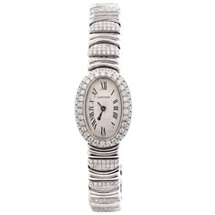 Cartier ladies watch with diamonds set on the bezel and bracelet. Size 6 wrist with deployment buckle. Quartz. Watch face measures 24mm by 18mm. Cartier Watches Women, Mini Bracelet, Cartier Watch, Womens Watches Luxury, Girls Watches, Watches Unique, Classy Jewelry, Jewelry Lookbook, Looks Chic