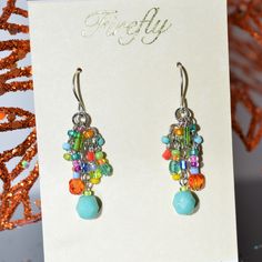 A Ladies Pair Of Antique Silver Plated Firefly Multi-Color Confetti Earrings. The Earrings Are Approximately 1.5 Inches Long Fly Jewelry, Confetti Earrings, Fire Fly, Mens Accessories Fashion, Firefly, Cute Jewelry, My Jewelry, Crystal Earrings, Custom Fit