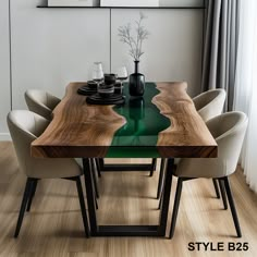 a dining room table with chairs and a green glass top in front of a window