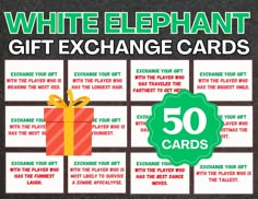 white elephant gift exchange cards with the words 50 cards in green and red on them