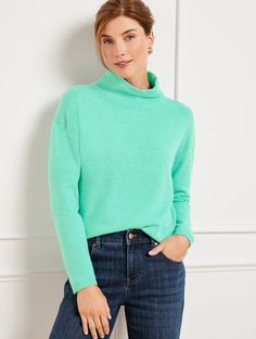 Our cozy turtleneck sweater in a relaxed, boxy silhouette. Made from supersoft yarns. A style you'll want in every color. Features Long Sleeve Hits Above Hip Turtleneck Pullover Straight hem Imported Fit: Misses: 22"; Petite: 21" Material: 50% Nylon, 30% Acrylic, 20% Polyester Care: Hand Wash Cold; Only Non-Chlorine Bleach When Needed; Reshape, Lay Flat To Dry; Warm Iron, If Needed | Turtleneck Sweater Talbots Turtleneck Pullover, Modern Classic, Turtleneck Sweater, Lay Flat, Sweater Outfits, Bleach, Turtle Neck, Hand Wash, Long Sleeve