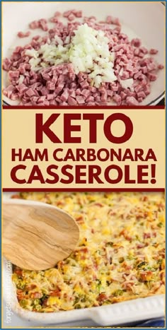 keto ham and cabbage casserole with text overlay that reads keto ham carbonara casserole